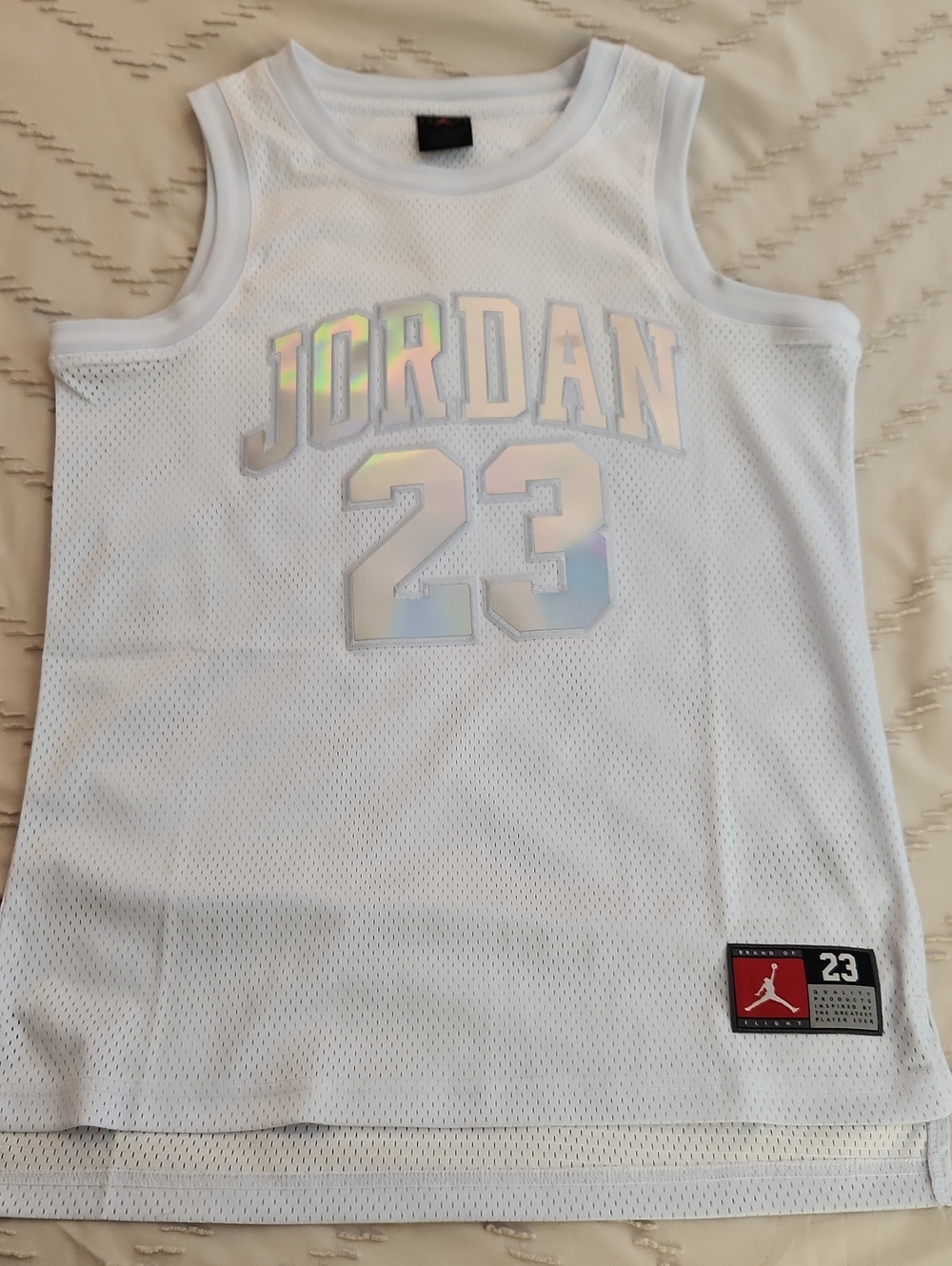 Jordan White Mesh Tank with Holographic '23 Graphics
